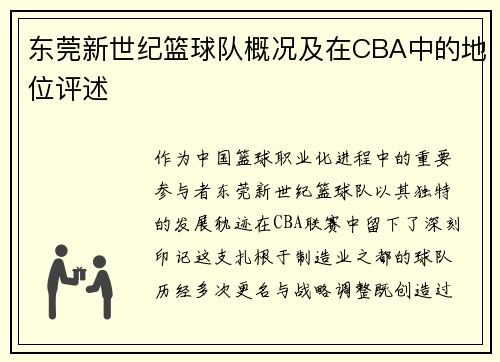 东莞新世纪篮球队概况及在CBA中的地位评述